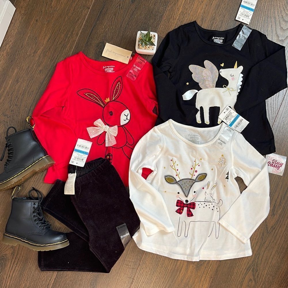 (4) NWT Set First Impressions Holiday long Sleeve Tops + Velvet Leggings 2T/24M